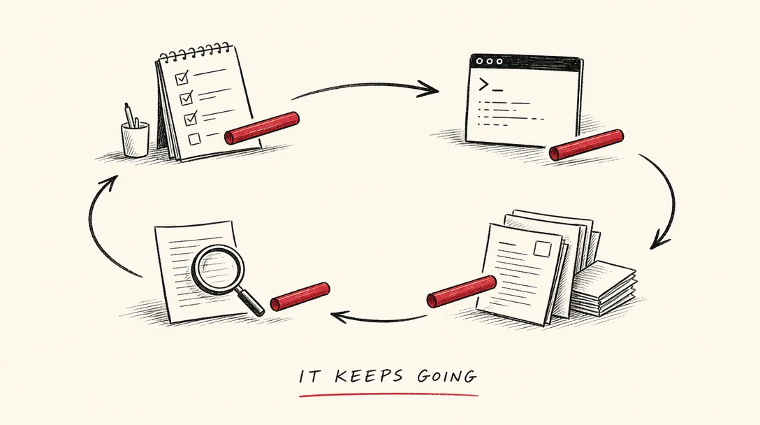 Hand-drawn sketchnote in warm ivory and black ink: a red baton being passed between four small ink-drawn work stations connected by a looping track, under the hand-lettered words IT KEEPS GOING with a single red underline.