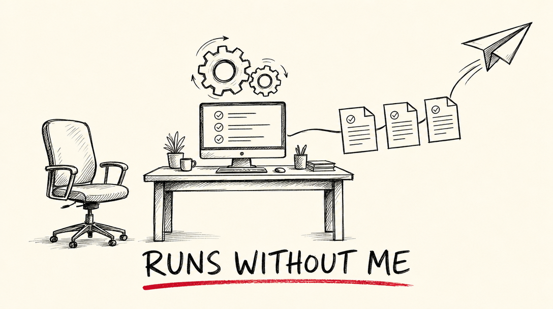 Hand-drawn sketchnote in warm ivory and black ink: an empty office chair beside a desk where a computer keeps working on its own, two gears turning above it and finished documents flowing out into a paper plane, under the hand-lettered words RUNS WITHOUT ME with a single red underline.